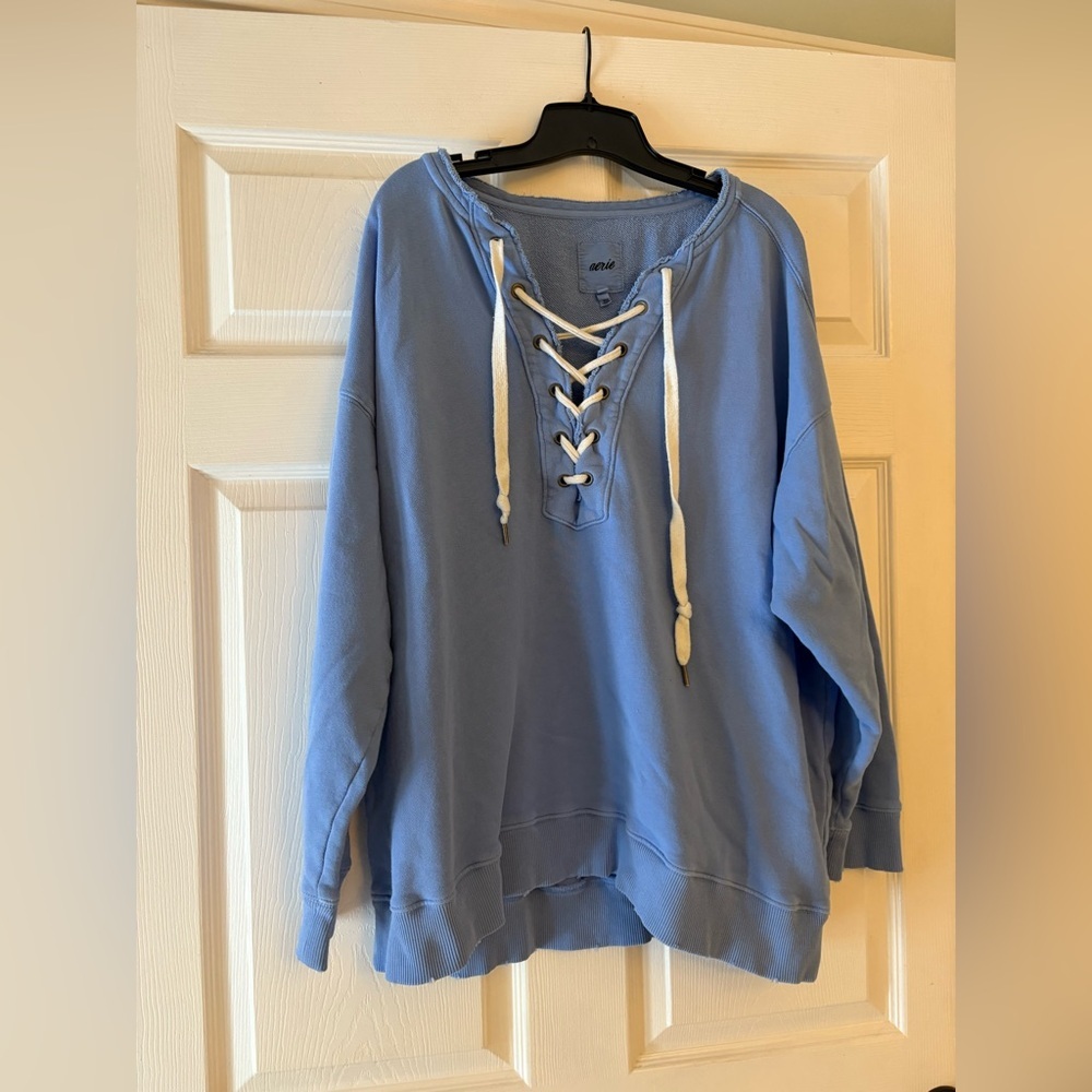 Aerie Lace-Up Oversized Sweatshirt in Blue – Women’s Size Large - Picture 5 of 6